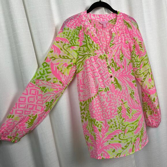 Lilly Pulitzer Pink&Green Silk Elsa Top Home Slice Pink Pineapple Sz.S - Picture 9 of 15